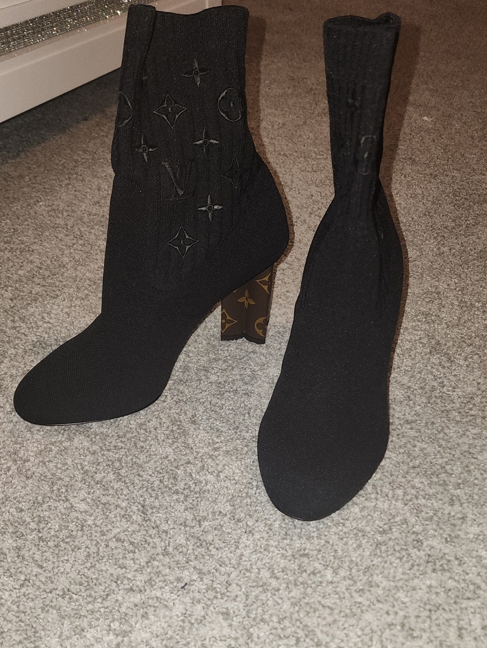 Louis Vuitton Black Knit Monogram Ankle Booties with Monogram Block Heels
